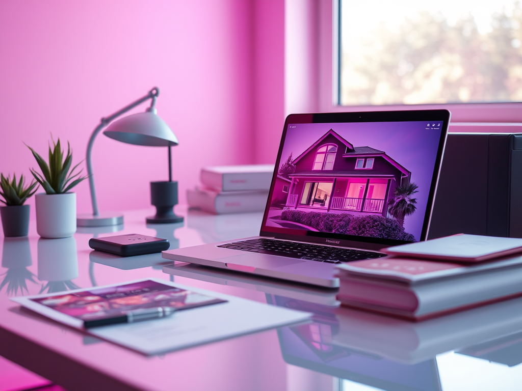 A meticulously arranged flat lay of real estate marketing materials on a smooth, light oak tabletop: glossy property brochures, a structured listing distribution checklist on crisp white paper, neatly aligned envelopes, and a tablet showing an email blast template with a featured property photo. Small metallic binder clips and a slim graphite-gray pen add subtle detail. Natural overhead daylight provides even, neutral illumination, creating soft, refined shadows around each object. Captured in photographic realism from a true bird’s-eye view, the composition is balanced and grid-like, reinforcing structure, process, and professionalism, with a calm, focused atmosphere that highlights done-for-you organization and ready-to-send marketing collateral.