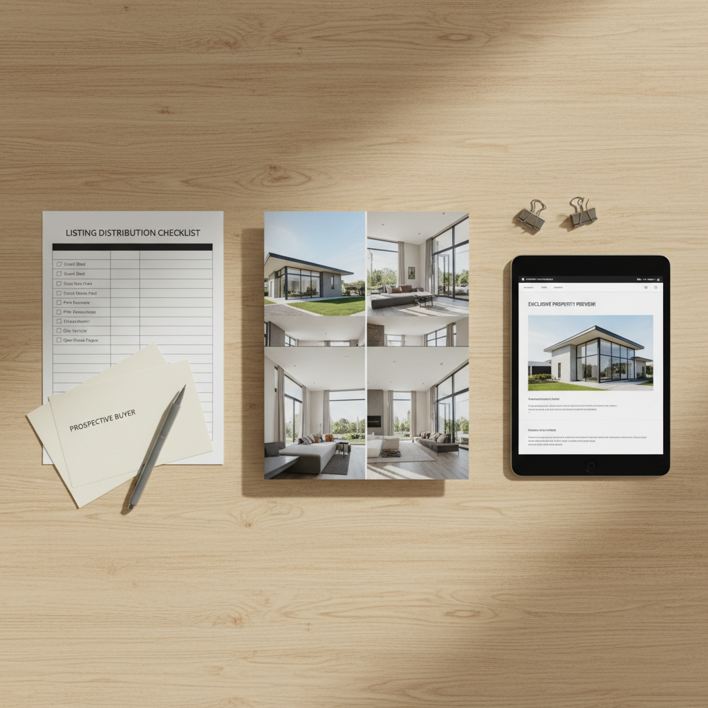 A meticulously arranged flat lay of real estate marketing materials on a smooth, light oak tabletop: glossy property brochures, a structured listing distribution checklist on crisp white paper, neatly aligned envelopes, and a tablet showing an email blast template with a featured property photo. Small metallic binder clips and a slim graphite-gray pen add subtle detail. Natural overhead daylight provides even, neutral illumination, creating soft, refined shadows around each object. Captured in photographic realism from a true bird’s-eye view, the composition is balanced and grid-like, reinforcing structure, process, and professionalism, with a calm, focused atmosphere that highlights done-for-you organization and ready-to-send marketing collateral.