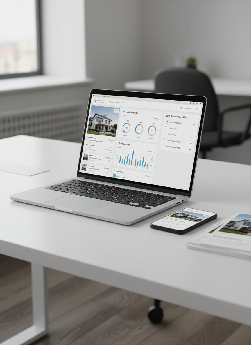A sleek, modern real estate marketing dashboard displayed on an ultra-thin silver laptop, its screen showing a clean interface with a property listing, email campaign analytics, and a distribution checklist. The laptop rests on a minimalist white desk with a subtle matte texture, next to neatly stacked print-ready property flyers and a smartphone displaying a matching email blast preview. Soft daylight from an unseen window casts gentle, diffused light across the scene, creating crisp but understated shadows. Photographic realism with a clean, professional aesthetic, shot at a slightly elevated three-quarter angle with shallow depth of field, keeping the laptop screen in sharp focus while the background fades into a soft blur, evoking efficiency, organization, and trustworthiness.