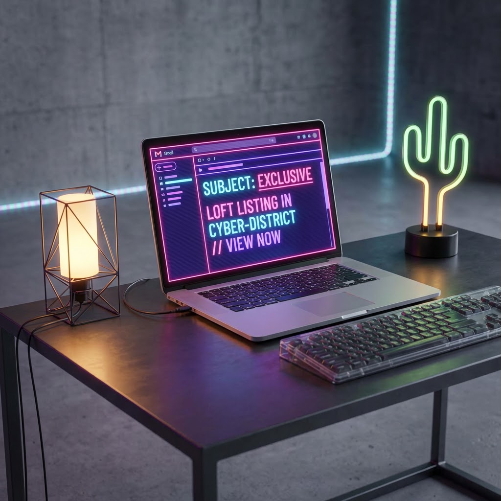 Laptop showing text: SUBJECT: EXCLUSIVE LOFT LISTING IN CYBER-DISTRICT // VIEW NOW on a desk.