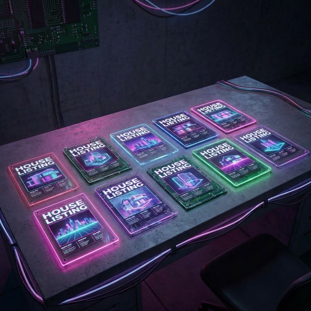 Glowing neon real estate listing tablets on a desk in a futuristic office.