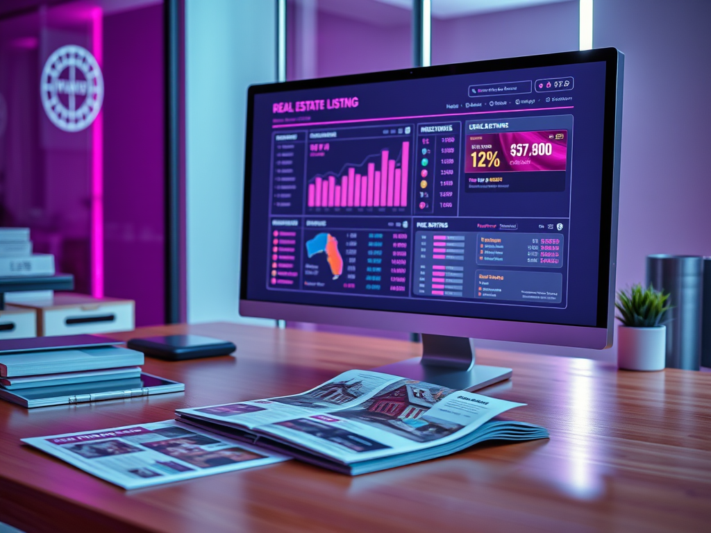 A tablet lying on a clean, matte white surface showing a polished real estate email blast template: a prominent property photo at the top, concise copy blocks, clear buttons, and a small section labeled "Distribution Complete" with checkmarks. Beside the tablet, a silver wireless keyboard, a slim charcoal mouse, and a single, neatly aligned notecard reading "Today’s Listing Dispatch" in simple sans-serif type. Soft, overcast window light from the left provides even, flattering illumination, producing delicate shadows that give the objects gentle depth. Photographic realism with a minimalist, almost clinical composition shot from a slightly elevated angle, emphasizing clarity, order, and the efficiency of a done-for-you digital listing distribution service.